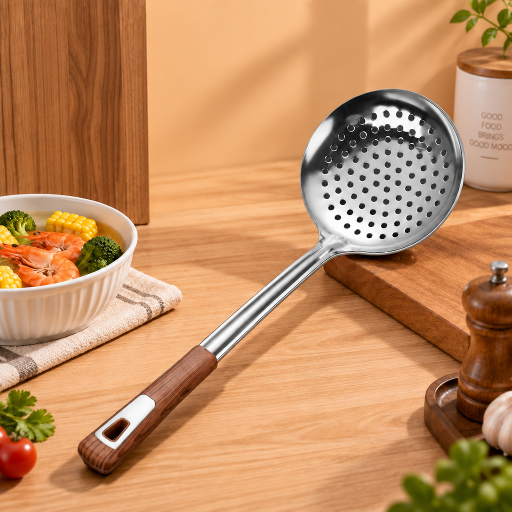 Thickened Kitchen Skimmer Spoon – Round Perforated Strainer Ladle in 14cm, 16cm & 18cm Sizes