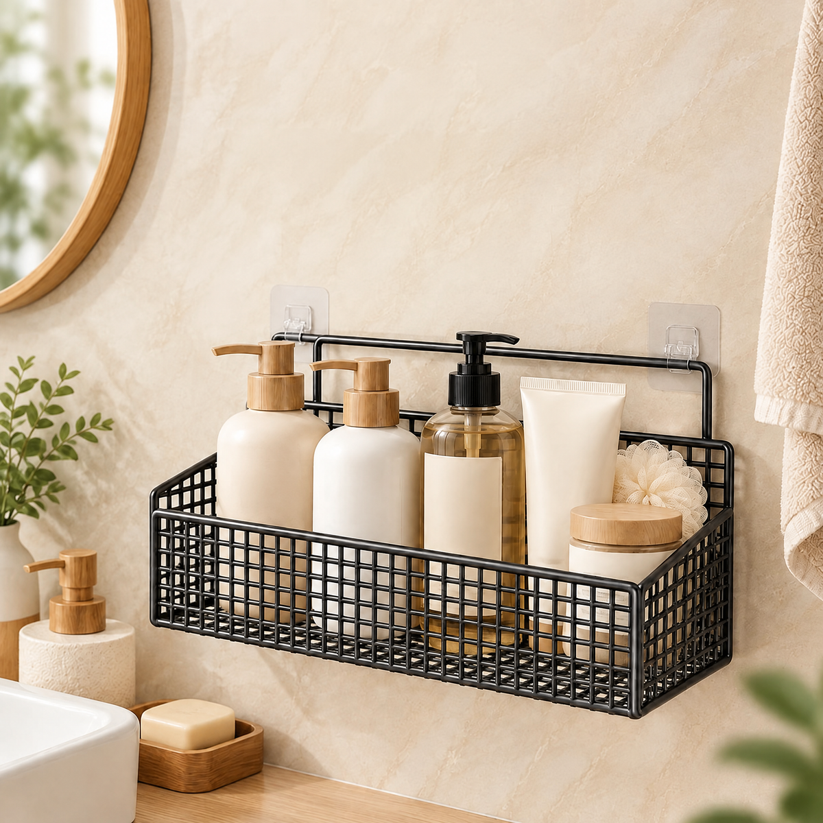 Wall-Mounted Storage Basket – Black & White Bathroom Organizer in Medium & Large Sizes