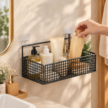Wall-Mounted Storage Basket – Black & White Bathroom Organizer in Medium & Large Sizes