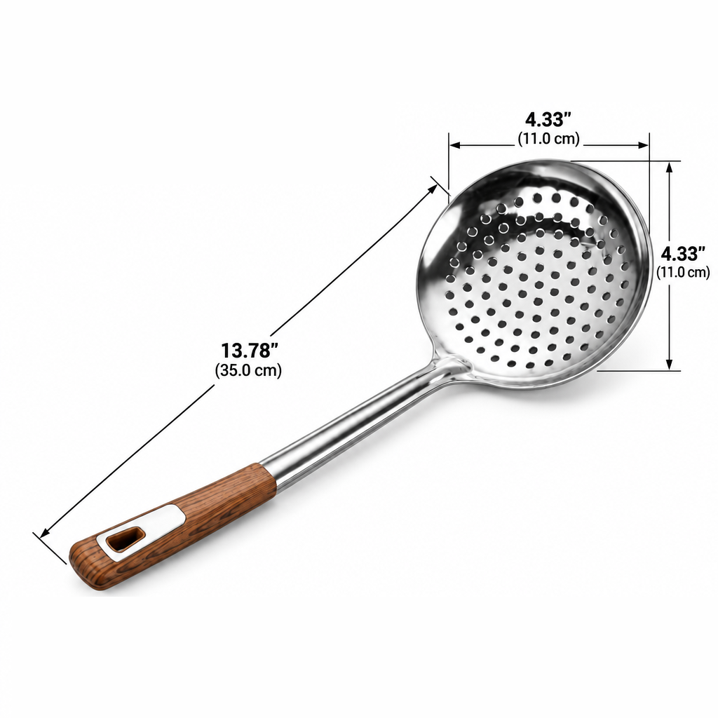 Thickened Kitchen Skimmer Spoon – Round Perforated Strainer Ladle in 14cm, 16cm & 18cm Sizes